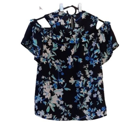 Lily White Cold Shoulder Floral Chiffon Blouse Size XS - Picture 3 of 5